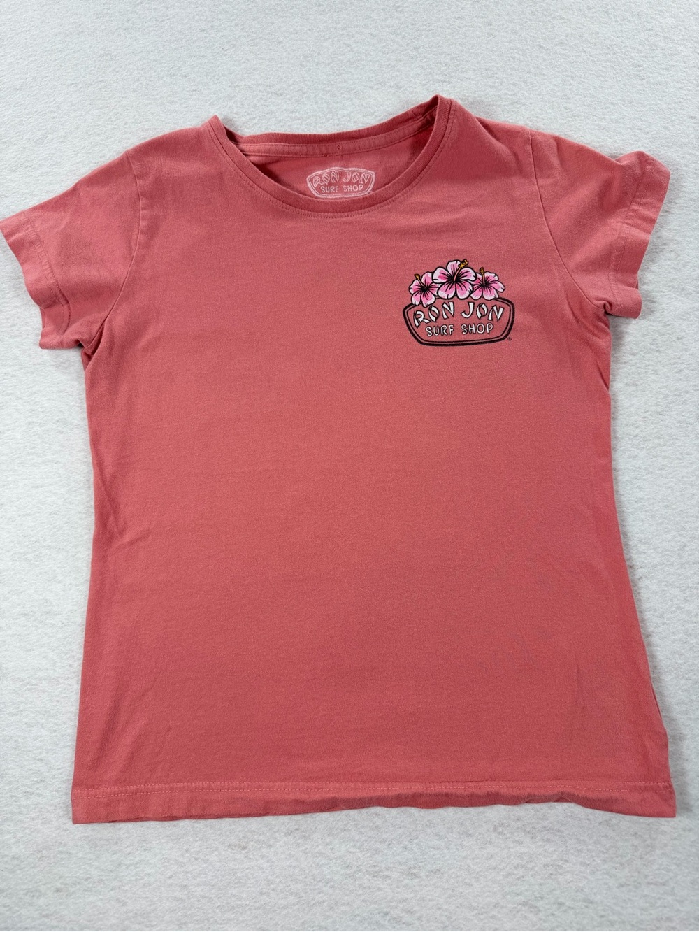 Ron Jon Coral Pink Short Sleeve Tee with Floral Logo on Front and Back S